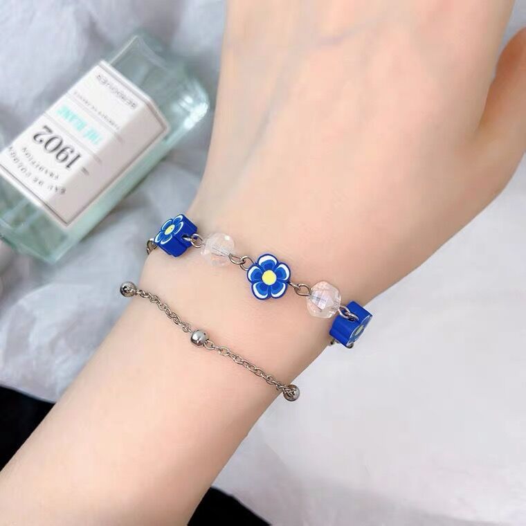 韩国复古奶油甜妹蓝色软陶花梅花拼接金属链条双层手链女小众设计