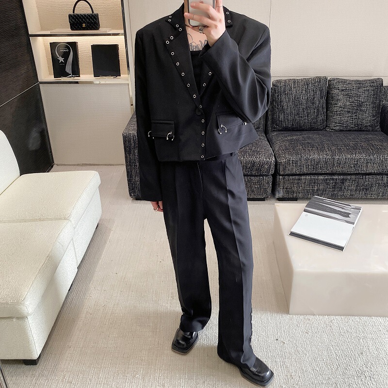 Designer trendy metal ring rivet short small suit wide leg suit pants men's suit jacket two-piece suit