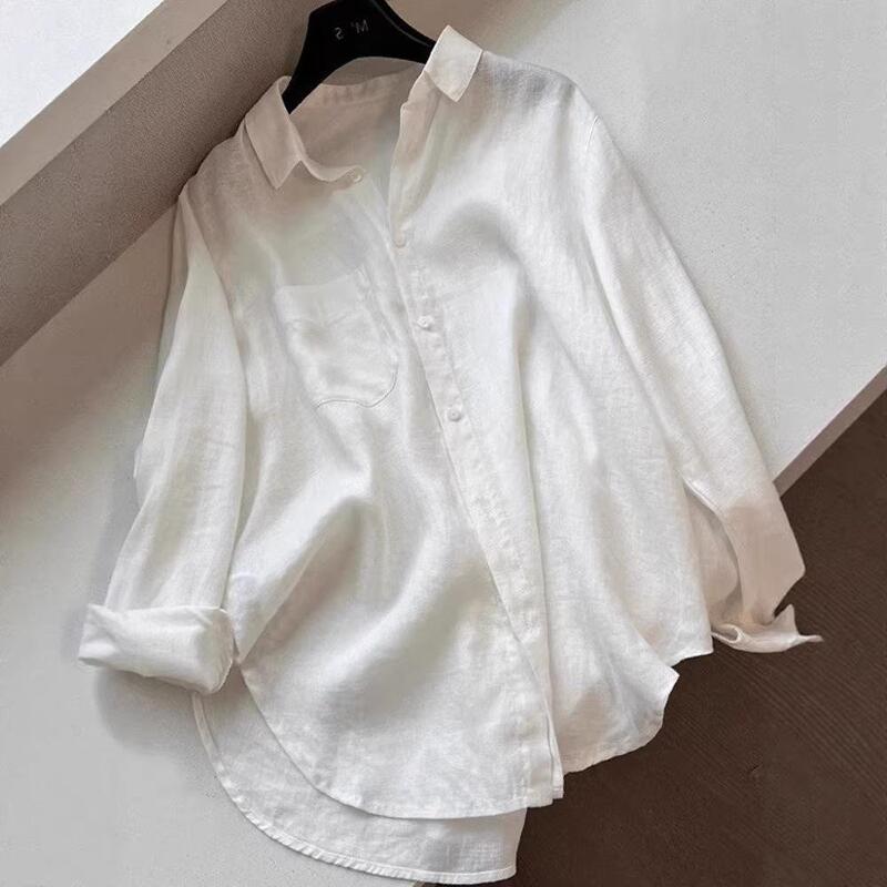 White Linen Old Money Style Shirt for Women, Summer Thin Loose Fit, Slimming High-End Cotton-Linen Long-Sleeve Sun Protection Top