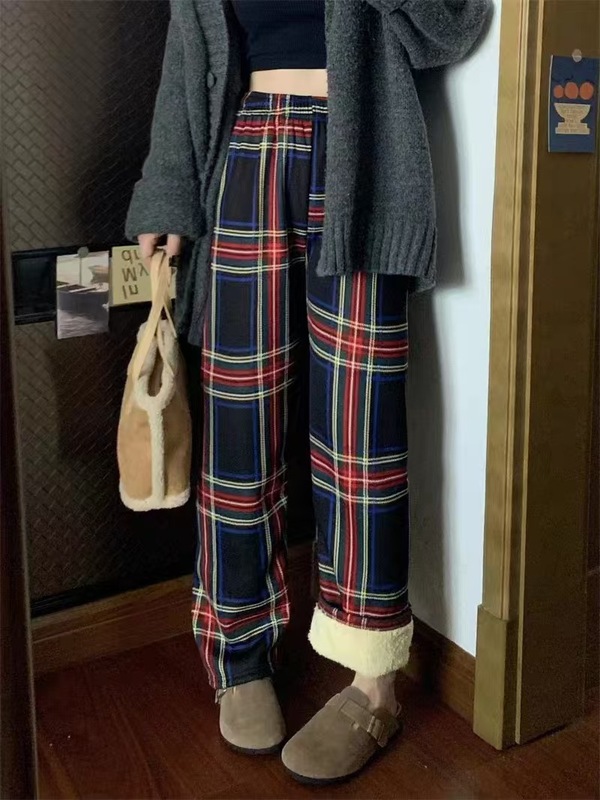 格子とベルベットのワイドパンツ女性冬の新型学生は腰がゆったりしているストレートで、子羊のベルベットの保温カジュアルパンツを厚くしている|undefined