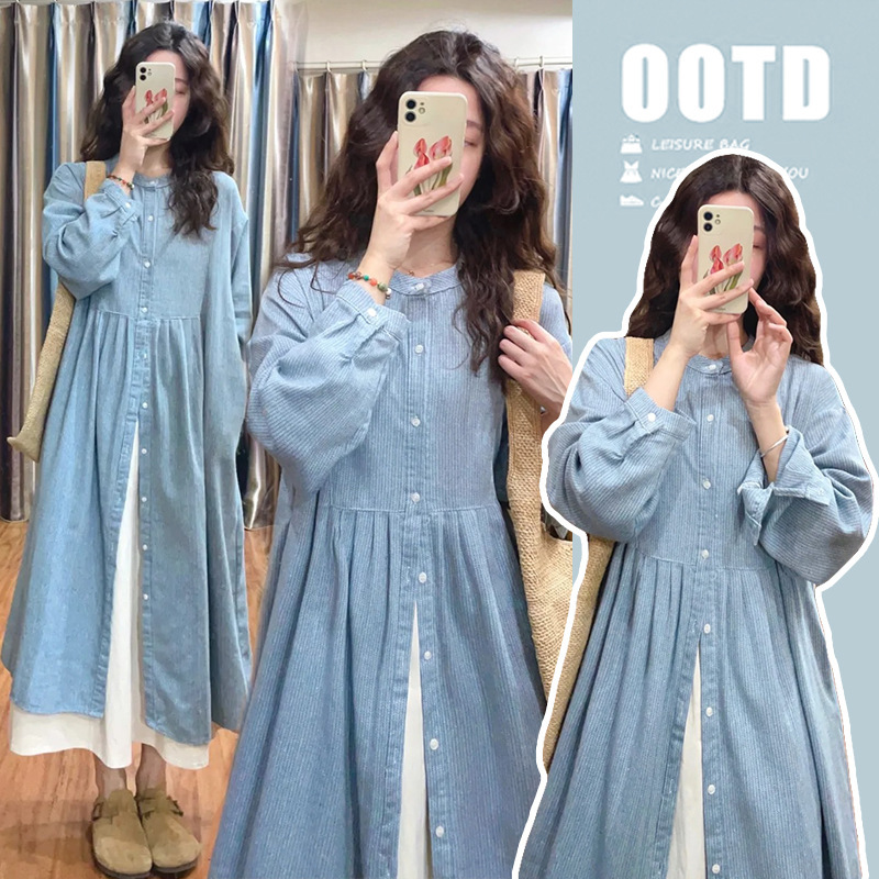 Ready Stock Maternity Wear 2025 Round Neck Long-Sleeved Shirt Dress for Women Summer Early Autumn Slimming Look Elegant Long Skirt