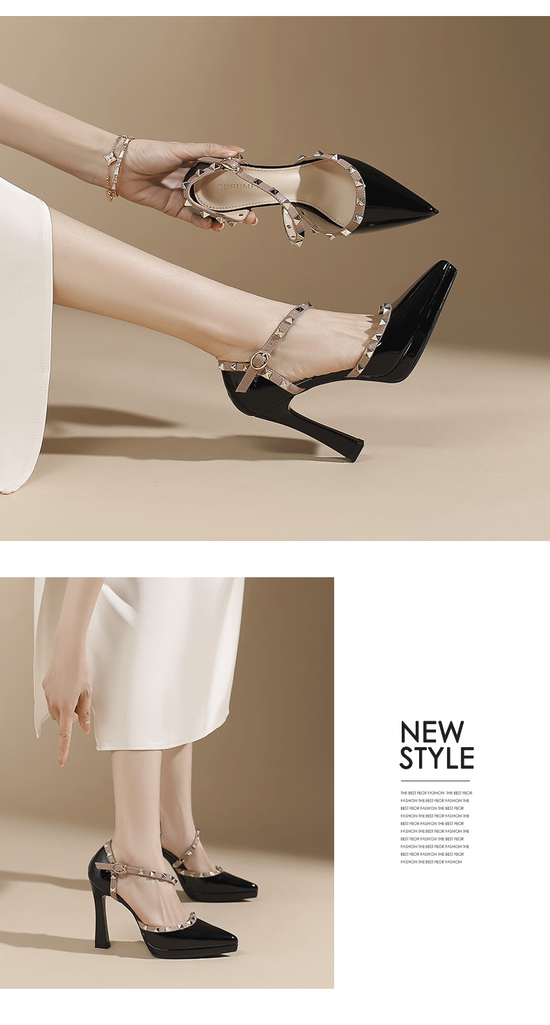 Sandal cao gót nữ đinh tán mũi nhọn gót 9 cm — Màu đen chi tiết 4