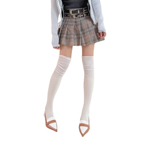 Autumn and winter new style gentle style solid color cotton soft pile socks vertical pattern splicing lazy over-the-knee high socks stockings women's socks