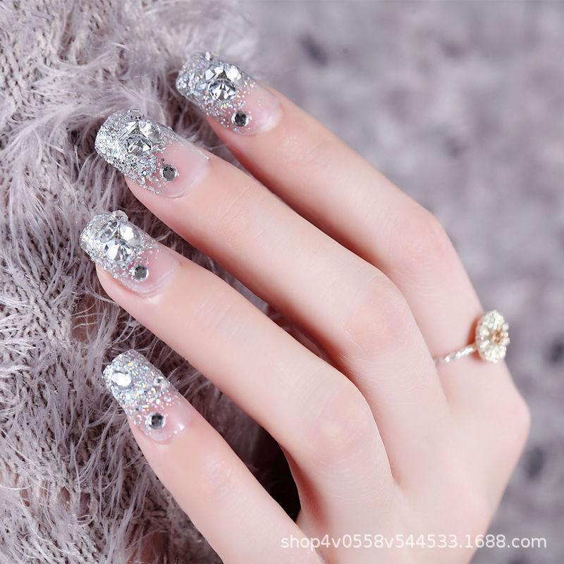 White Flower Silver Flash Sharp Diamond Fake Nails Elegant Flash Cross-border Wear Nail Pieces Nail Pieces 24 Nail Pieces Wholesale