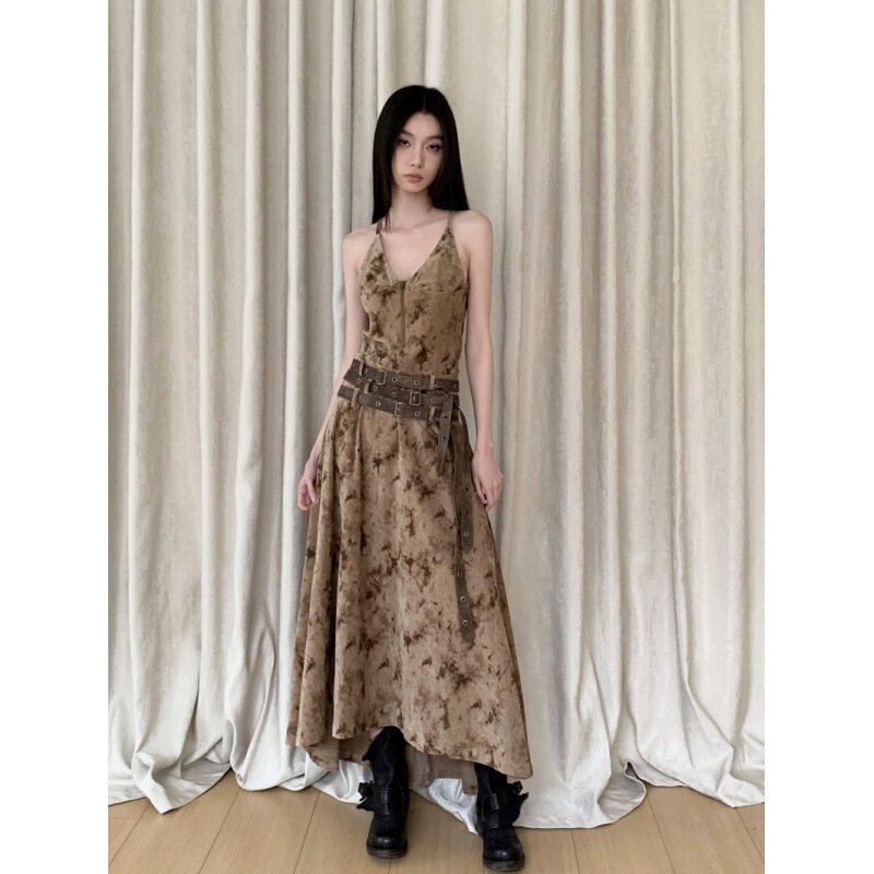 Design vintage brown velvet sling dress waist dress with belt