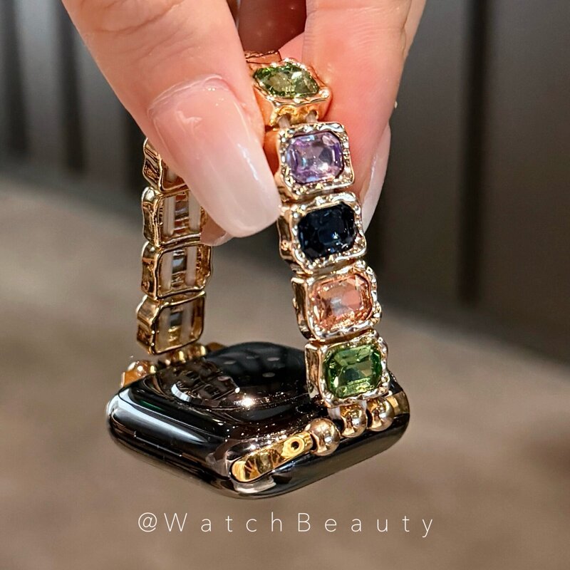 Square Glass Diamond Metal Elastic Strap Apple Watch Band Suitable for Apple Watch 10 iWatch 11 S9