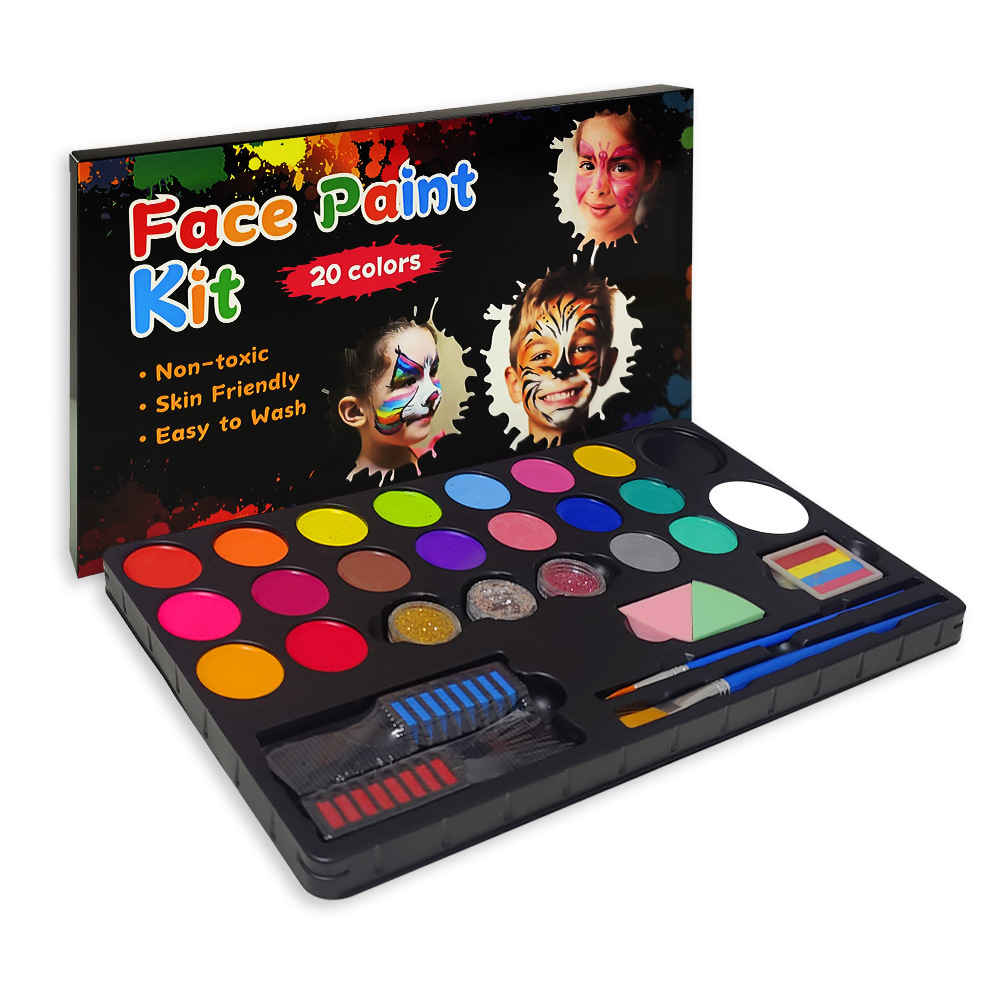Pintura corporal de pigmento de venta caliente transfronteriza, paleta de 20 colores fácil de lavar, juego de pintura facial lavable a base de agua para maquillaje de festivales