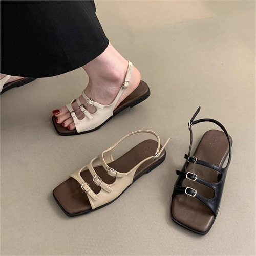 Fashionable women's summer new retro French fairy style beach seaside stylish soft flat Roman sandals