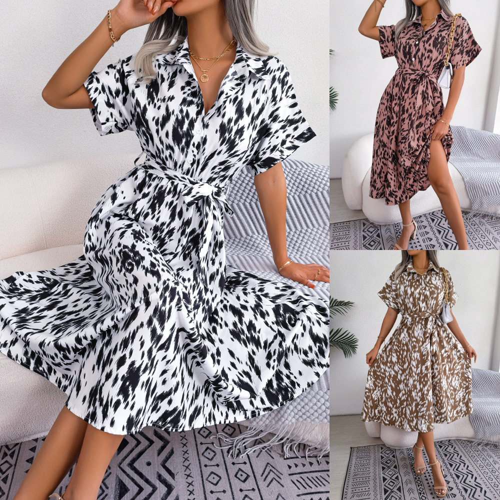 350g Weight Maxi Long Dress Dress Length Type Long Sleeve Sleeve Length Sheath Dress Dresses Type Regular Sleeve Sleeve Type Polyester, Chiffon Fabric Type High Waist Waist Line Holiday, Daily Occasion Turndown Neckline Regular Fit Fit Type Leopard Pattern Summer Season Women's Gender Button Design Streetwear Style Wholesale Women's Streetwear Button Leopard Holiday Daily Turndown Long Sleeve Sheath Dress 无