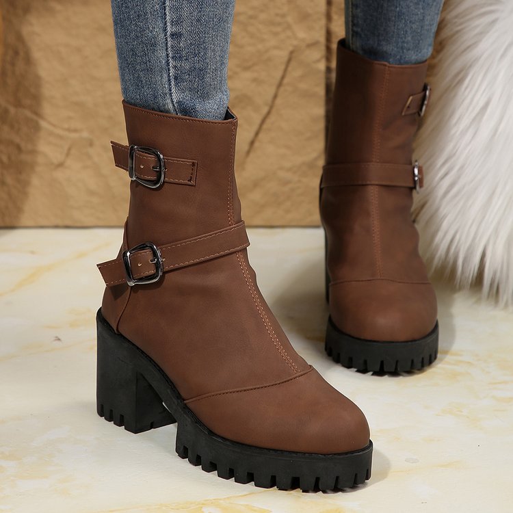 Big size thick heel boots women's autumn and winter fashion belt buckle explosive short boots cotton boots fashion boots_voghion.com