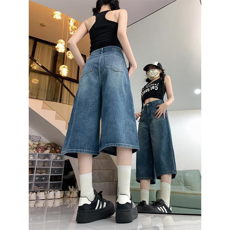 High Waist Wide Leg Cropped Denim Shorts Women's 2025 Summer Thin plus size Loose Slimming Small Straight Pants
