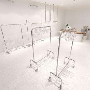 Clothing Store Shelves, Women's Clothing Store Display Racks, Stainless Steel Floor-Standing Clothes Hangers, Simple Removable Wheeled Display Clothing Racks