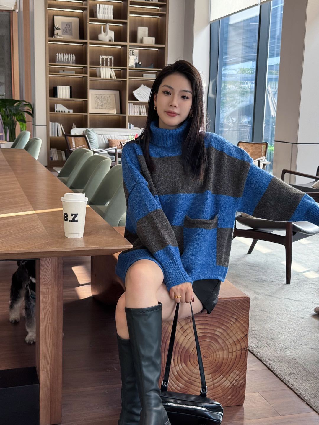 24 invierno Puyuan collar fz otoño invierno suéter de tamaño grande para mujeres 2024 nuevo estilo rayado