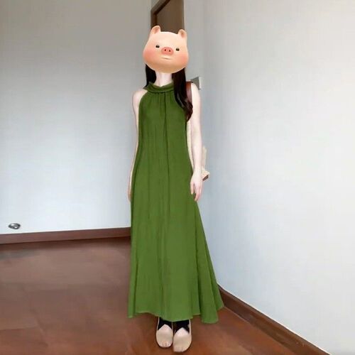 2025 Summer French-style Halter Neck Elegant Waist-Slimming Lazy-Style Resort Dress – Boho Chic, Whitening, Off-Shoulder Long Skirt