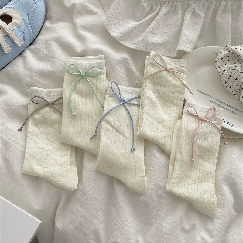 Knee socks Japanese style, women's 35–39, thin breathable spring–summer mid-length with bow