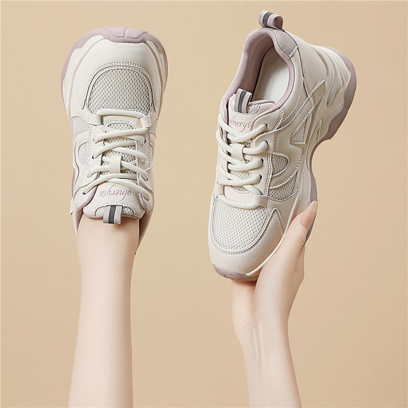 Versatile New Dad Sneakers, Fashionable Spring Mesh Breathable White Shoes, 5cm Thick Sole Height-increasing Casual Sports Women's Shoes_vogvips.com