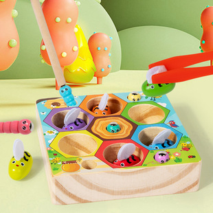 Children's Wooden Fun Beehive Fishing Toy Baby Concentration Training Insect Catching Color Cognitive Educational Toy