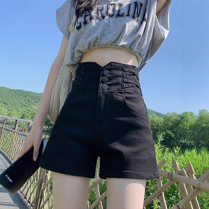 Elastic Black Denim Shorts for Women, Spring and Autumn, Plus Size, for Curvy Women, with Button Closure, Tummy Control, Super High Waist, Wide-Leg A-Line Hot Pants