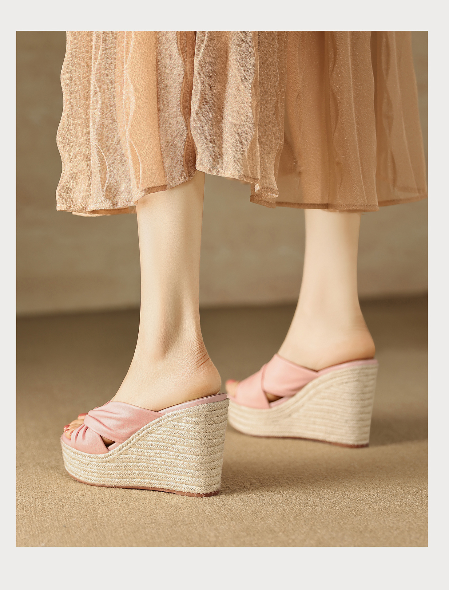 Sandal cao gót nữ quai chéo hở mũi đế xuồng bện cói gót 9 cm — màu thiên thanh, màu hồng chi tiết 18