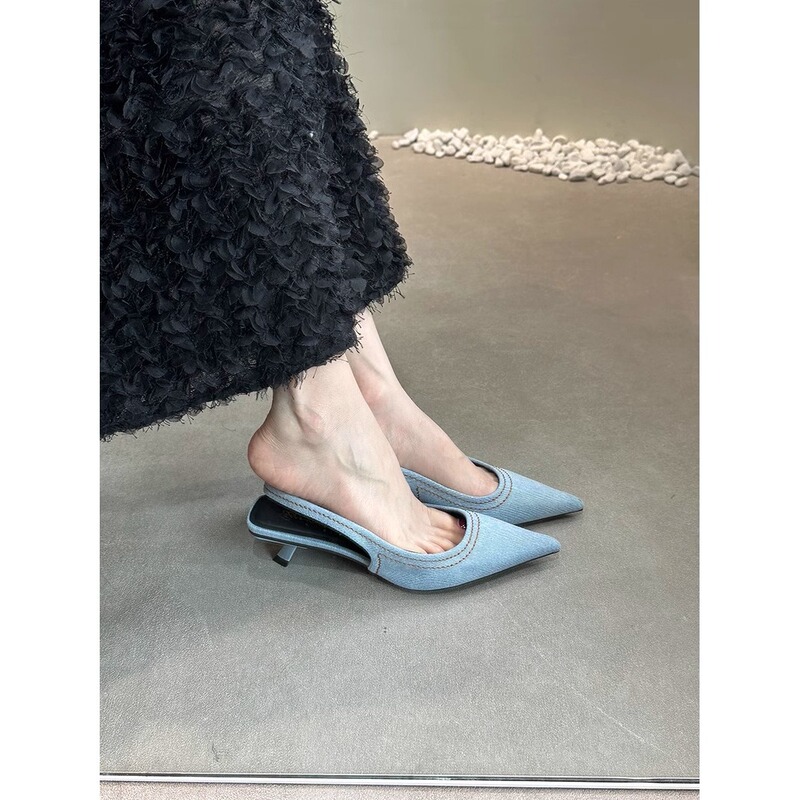 French Fairy Shoes, Stiletto Heels, Pointed Toe Back Hollow Sandals, Women's Shoes, Summer Denim Toe-Toe Cat Heels, Mule High Heels French Fairy Shoes, Stiletto Heels, Pointed Toe Back Hollow Sandals, Women's Shoes, Summer Denim Toe-Toe Cat Heels, Mule High Heels