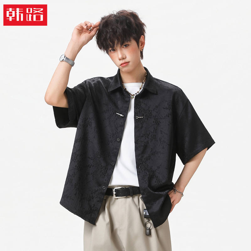 New Chinese Style National Trend Plum Blossom Texture Short-Sleeved Shirt for Men, Summer Style, Breathable, Loose Fit, Metal Buckle Casual Shirt New Chinese Style National Trend Plum Blossom Texture Short-Sleeved Shirt for Men, Summer Style, Breathable, Loose Fit, Metal Buckle Casual Shirt