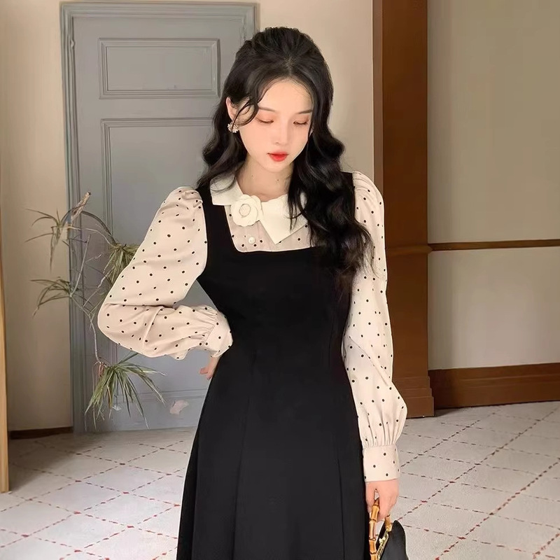 Retro French-Style Age-Reducing Satin Polka Dot Color-Blocked Faux Two-Piece Dress, Stretchy Slimming Hepburn Little Black Dress Retro French-Style Age-Reducing Satin Polka Dot Color-Blocked Faux Two-Piece Dress, Stretchy Slimming Hepburn Little Black Dress