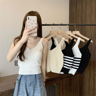 In stock striped comfortable sexy knitted striped vest for Women summer hot girl strap outer wear short sleeveless top for women
