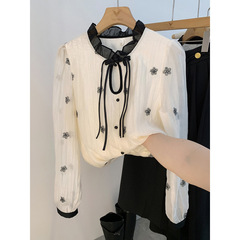 Floral lace shirt top for women 2025 summer new fashionable shirt chic sweet ear ribbon
