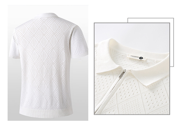 Men's Business Casual Short Sleeve Polo Shirt Summer Old Fashioned Hollow Knitwear Thin T-Shirt for Men_viptrois.com