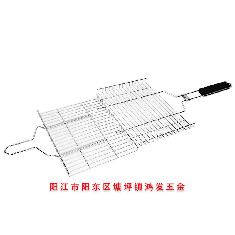 鴻發電鍍燒烤架木柄燒烤網夾方形烤魚夾大號加粗烤肉網牛排燒烤夾