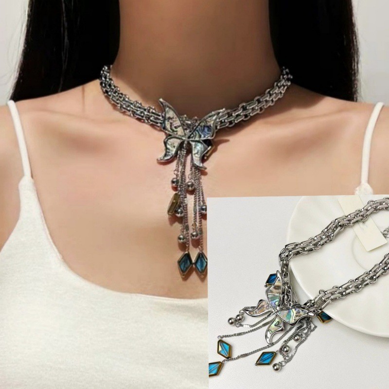 Sweet Cool Fashion Heavy Craft Mother-of-Pearl Butterfly Tassel Necklace Minimalist Style Niche Design Sense Choker_voghion.com