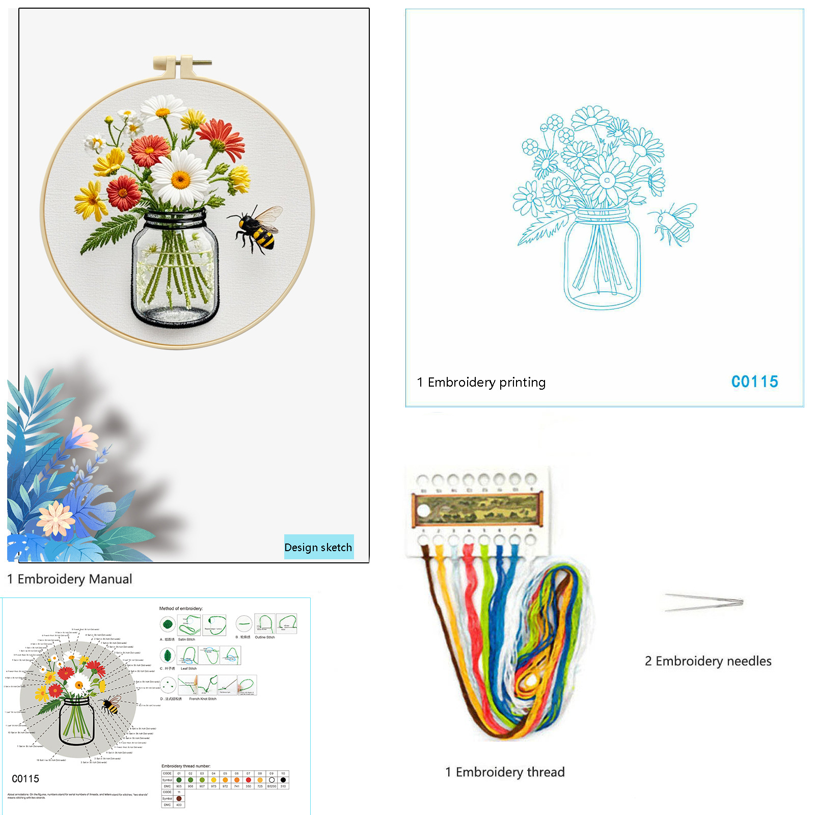 Botón de abejas - paquete de materiales básicos (incluyendo instrucciones de bordado de agujas)