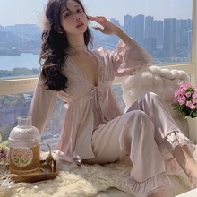 赵露丝同款秋季吊带长裤睡衣法式性感蕾丝三件套家居服长袖冰丝