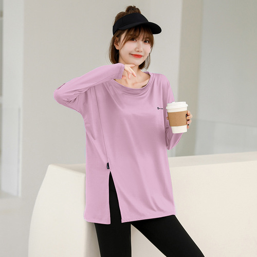 Women's outdoor yoga tops, solid color, sporty, long sleeve, loose, oversized, plus size, round neck - wholesale