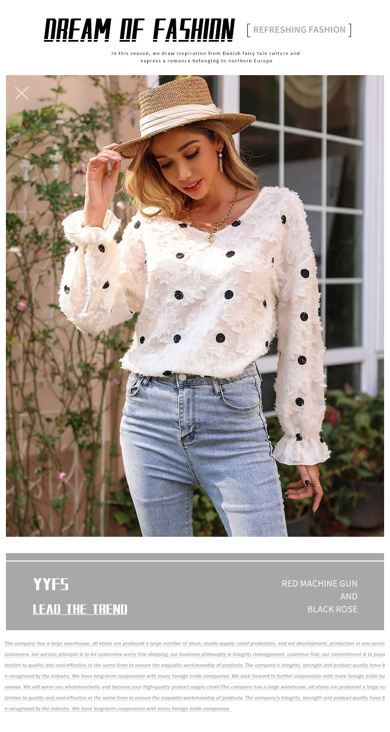 Πουλόβερ από σιφόν με πουά και μακριά μανίκια και λαιμόκοψη V_voghion.com