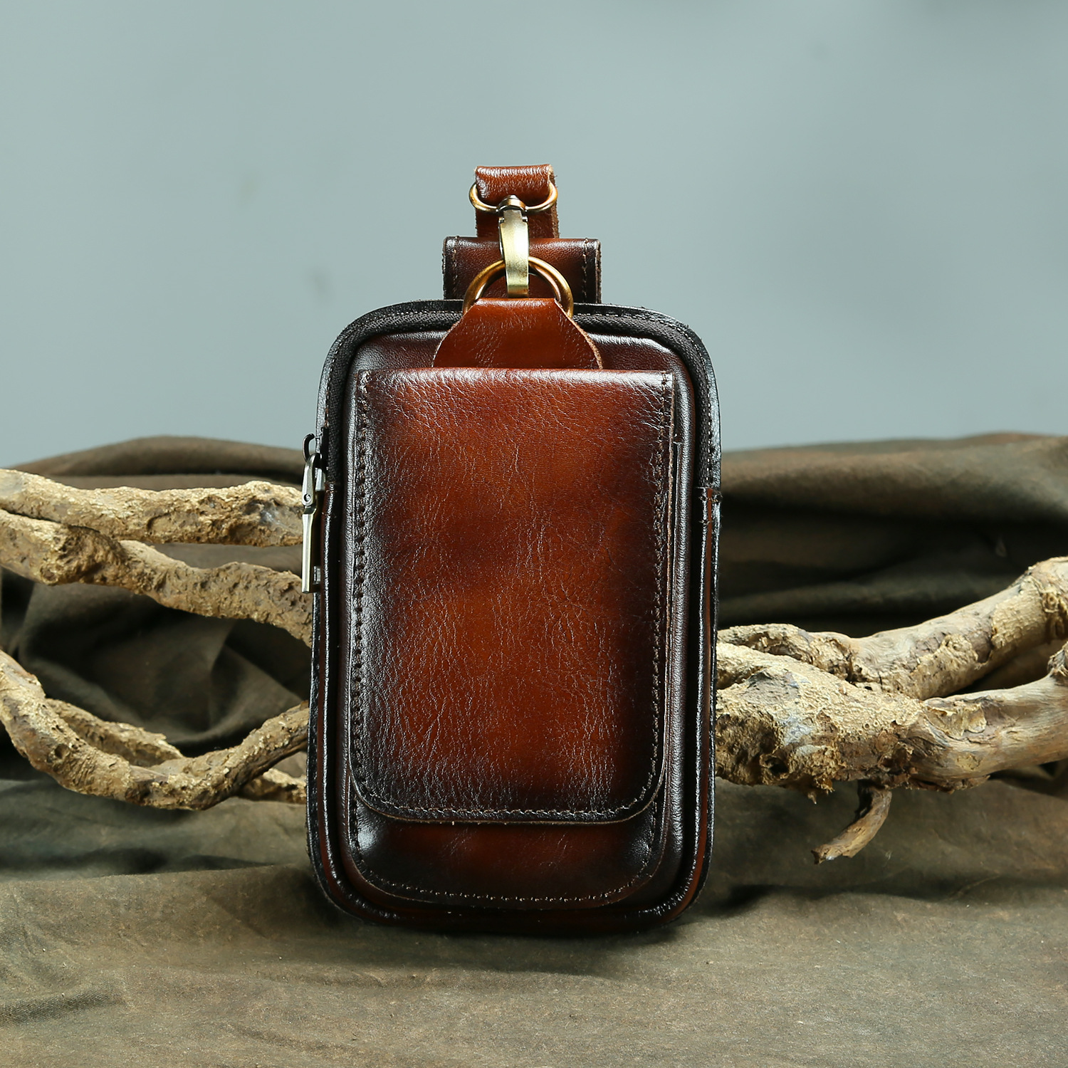 The first layer of leather color waist bag foreign trade men's fashion cool mobile phone camera outdoor 6 inch small waist bag with hook