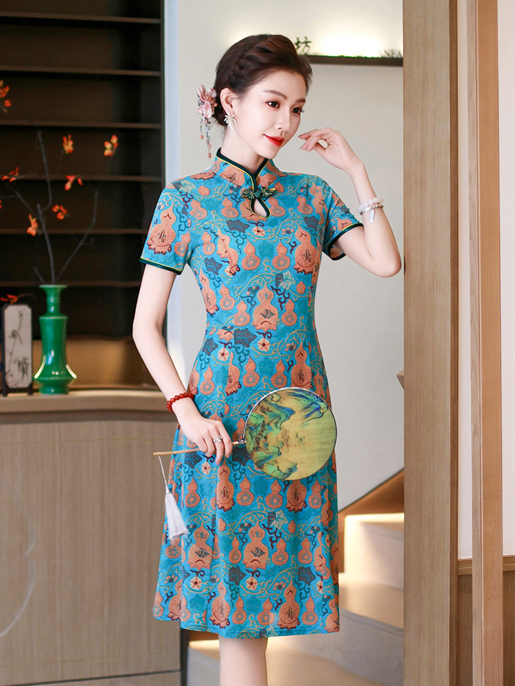 Đầm maxi nữ cổ đứng kiểu tân Trung Hoa in họa tiết dáng dài — xanh lam, màu đỏ