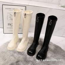 瘦瘦弹力靴加绒前拉链百搭长筒靴女显高显瘦不过膝高筒平底骑士靴