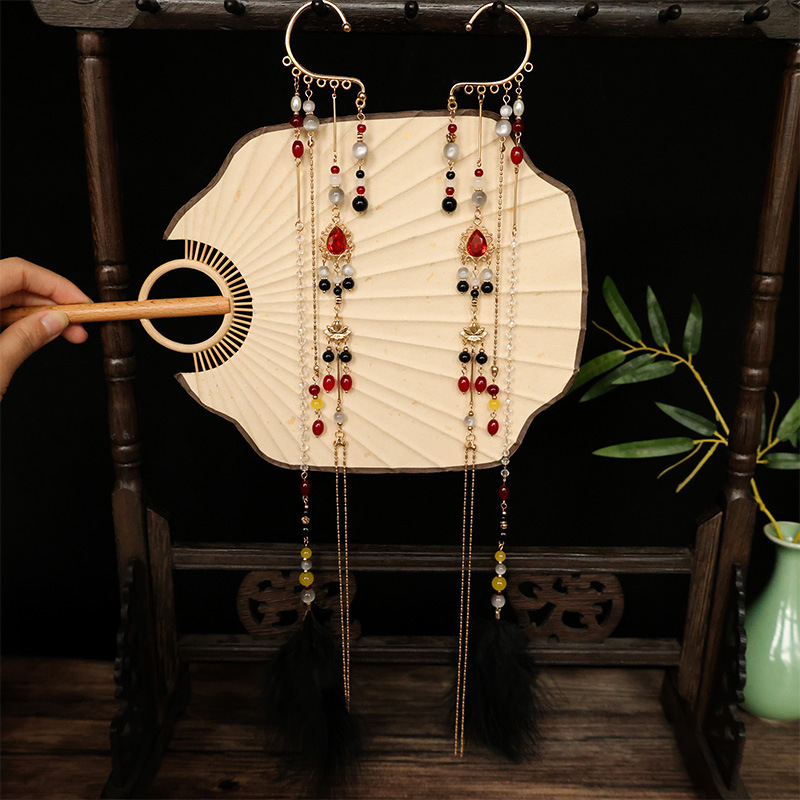 New Chinese Style Ear Hooks, Retro Long Tassels, Pierced Earrings, Cool Feather Pendant Earrings, Horse Face Skirt Earrings