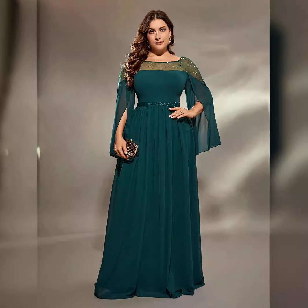 Europa y América vestido de noche nuevo producto grande hombre gordo cuello redondo vestido de dama de honor larga madre negra chiffon image 4