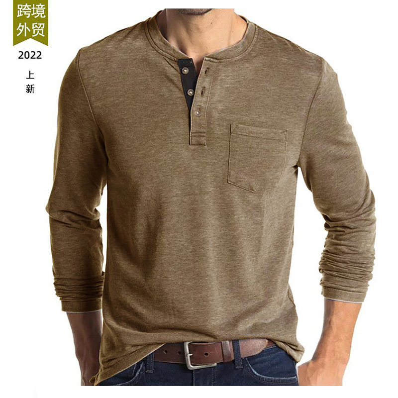 Amazon European and American Men's Long Sleeve Round Neck T-shirt Men's Base Shirt Foreign Trade Men's T-shirt Henry Collar Top