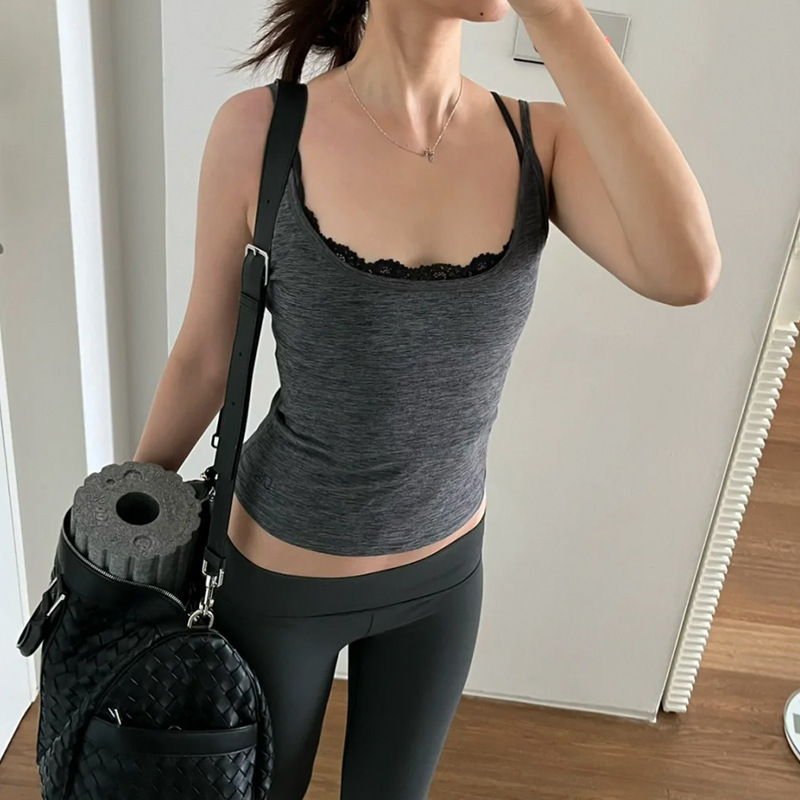 Unique Lace-Trimmed Deep U-Neck Backless Slim-Fit Tank Top for Women, Summer Elastic Sports Camisole for Age 25