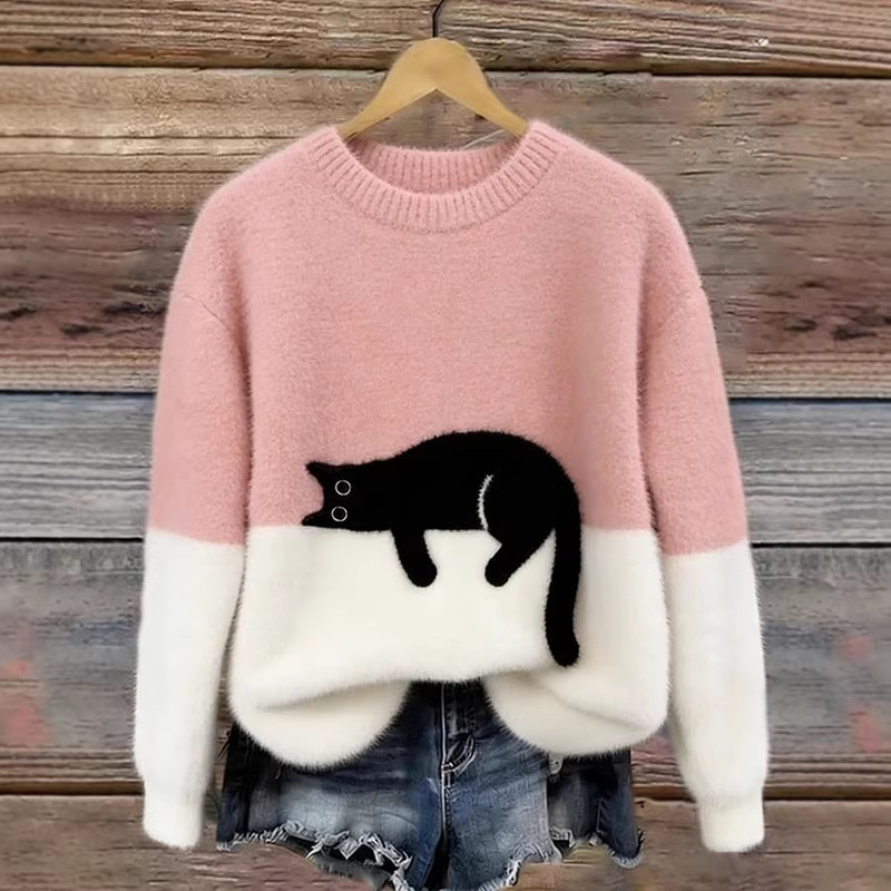 2026 Cross-Border Hot-Selling European and American Independent Site Autumn and Winter Cartoon Cat Simple Print Round Neck Sweatshirt Flannel Sweater for Women