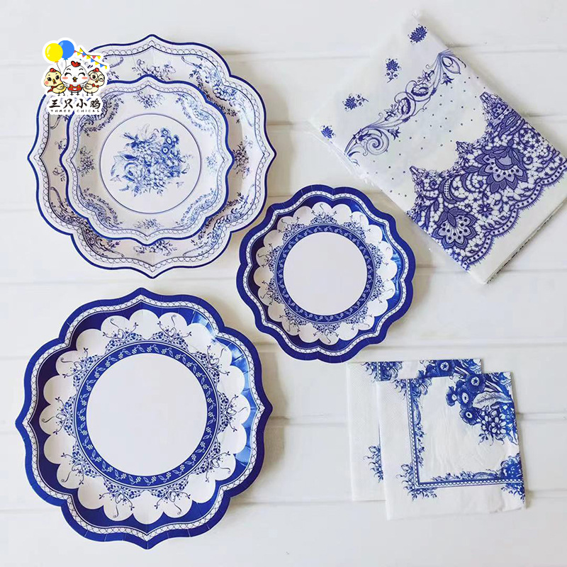 in stock Chinese Style Blue and White Porcelain Paper Tray Disposable Paper Plate Paper Dish Vintage Party Wedding Lace Dish