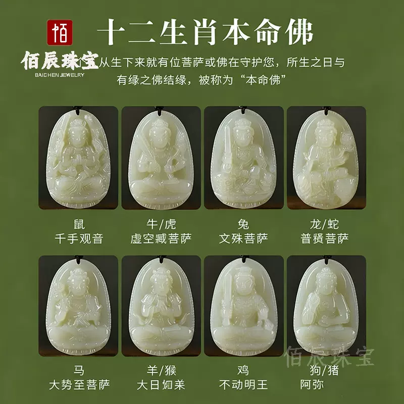 和田玉本命佛玉石吊坠男观音文殊普贤虚空藏菩萨生肖本命年项链女