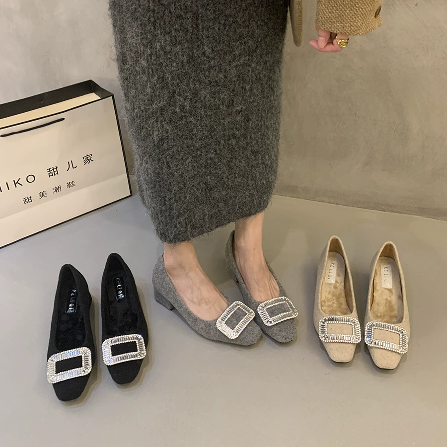 Толстые каблуки квадратные стразы одиночные туфли женские туфли 2024 новые осенние и зимние плюшевые меховые туфли французские темпераментные туфли