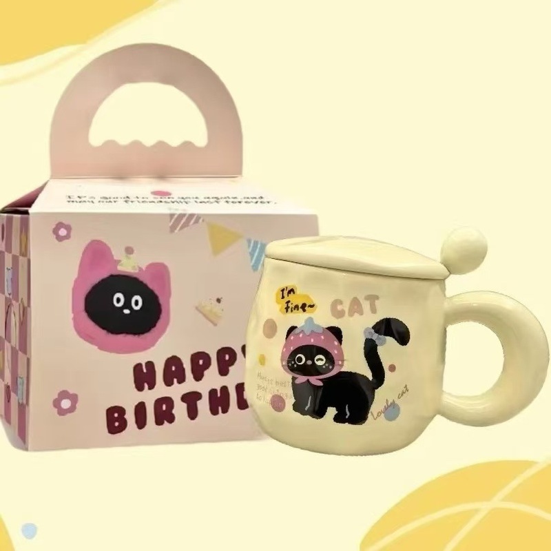 かわいいミルクFUFU黒猫マグカップ蓋付きスプーンで女の子に誕生日プレゼント高颜値プレゼントカップオフィス朝|undefined