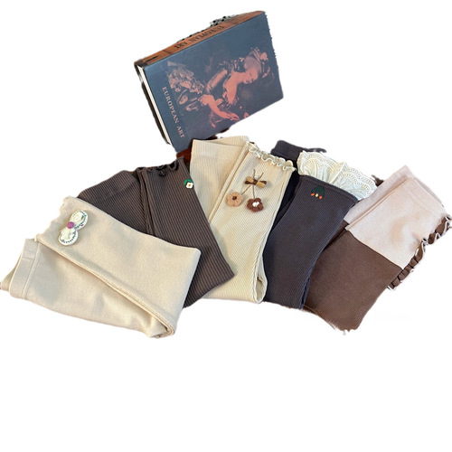 Korean Children's Fall  New Girl Leggings Thin Mushroom Edge Fine Striped Pants High Elasticity Pants