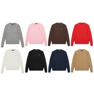 24 New Cross Border Ralph Lauren Ral Lauren Round Neck Solid Color Pony Embroidered Logo Twist Knitted Sweater