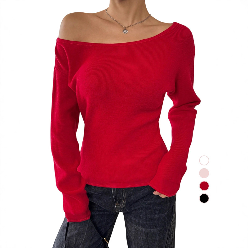 Cross-Border New Sexy Solid Color Long-Sleeved Women's Knitwear Off-Shoulder Top with Waist-Cinching Bottoming Shirt Sweater Y2K Cross-Border New Sexy Solid Color Long-Sleeved Women's Knitwear Off-Shoulder Top with Waist-Cinching Bottoming Shirt Sweater Y2K